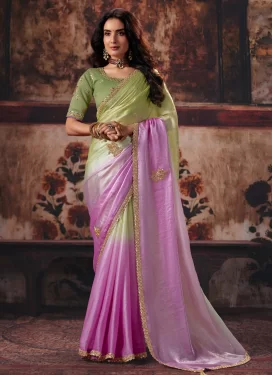 Fendi Silk Classic Saree in Mint Green and Violet with Cutdana Work for Ceremonial