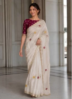 Fendi Silk Classic Saree with Embroidered Work in Off White