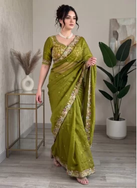 Fendi Silk Classic Saree with Embroidered Work in Olive