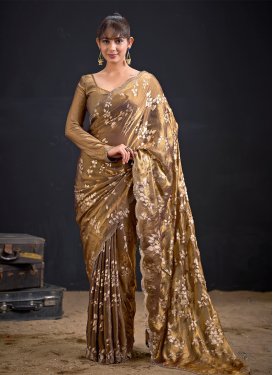 Fendi Silk Classic Saree with Foil Print Work for Ceremonial in Brown