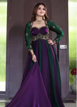 Fendi Silk Designer Gown with Embroidered Work for Festival in Green and Purple