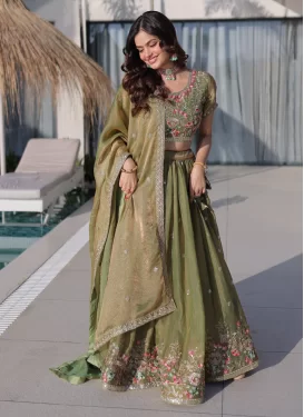 Fendi Silk Designer Lehenga Choli with Embroidered Work for Party in Olive