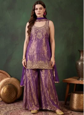 Fendi Silk Palazzo Suit in Violet with Embroidered Work for Festival