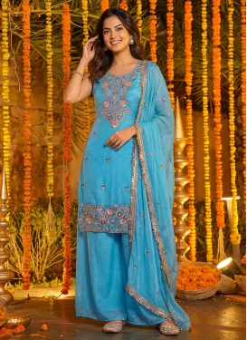 Fendi Silk Palazzo Suit with Embroidered Work for Party in Light Blue