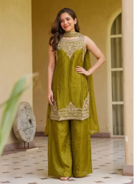 Fendi Silk Palazzo Suit with Embroidered Work for Women in Olive