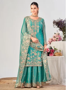 Fendi Silk Palazzo Suit with Embroidered Work for Women in Turquoise