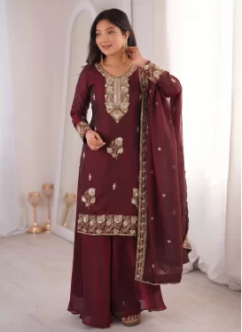 Fendi Silk Palazzo Suit with Embroidered Work in Maroon for Ceremonial