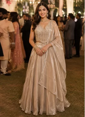 Fendi Silk Readymade Lehenga Choli in Beige with Beads Work for Festival