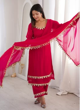 Fendi Silk Readymade Salwar Suit in Rose Pink with Lace Work for Festival