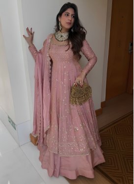 Fendi Silk Readymade Salwar Suit with Embroidered Work for Festival in Salmon