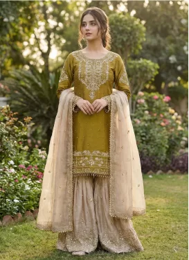 Fendi Silk Sharara Suit in Beige and Olive with Embroidered Work for Ceremonial