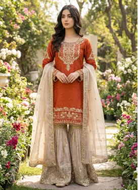 Fendi Silk Sharara Suit with Embroidered Work for Ceremonial in Beige and Orange