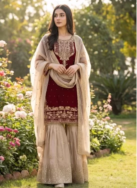 Fendi Silk Sharara Suit with Embroidered Work for Women in Beige and Maroon