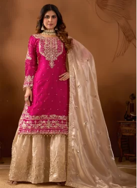 Fendi Silk Sharara Suit with Embroidered Work in Beige and Rose Pink