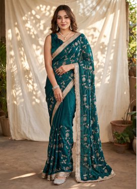 Fendi Silk Traditional Saree with Embroidered Work for Casual in Teal