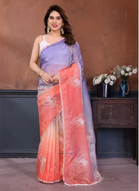 Fendi Silk Traditional Saree with Embroidered Work for Ceremonial in Lavender and Salmon