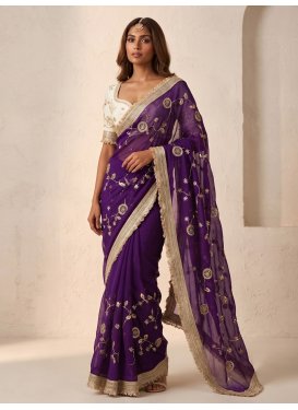 Fendi Silk Traditional Saree with Embroidered Work for Festival in Purple