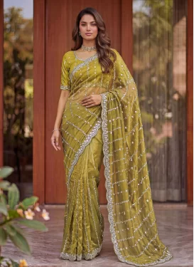 Fendi Silk Trendy Saree in Olive with Cutdana Work for Women