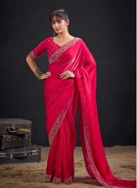 Fendi Silk Trendy Saree in Rose Pink with Swarovski Work for Women