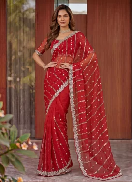 Fendi Silk Trendy Saree with Cutdana Work for Festival in Red