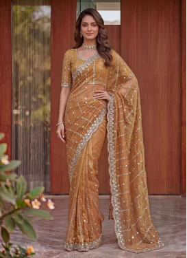 Fendi Silk Trendy Saree with Cutdana Work in Peach