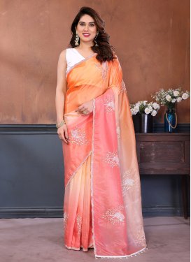 Fendi Silk Trendy Saree with Embroidered Work in Peach and Salmon for Festival