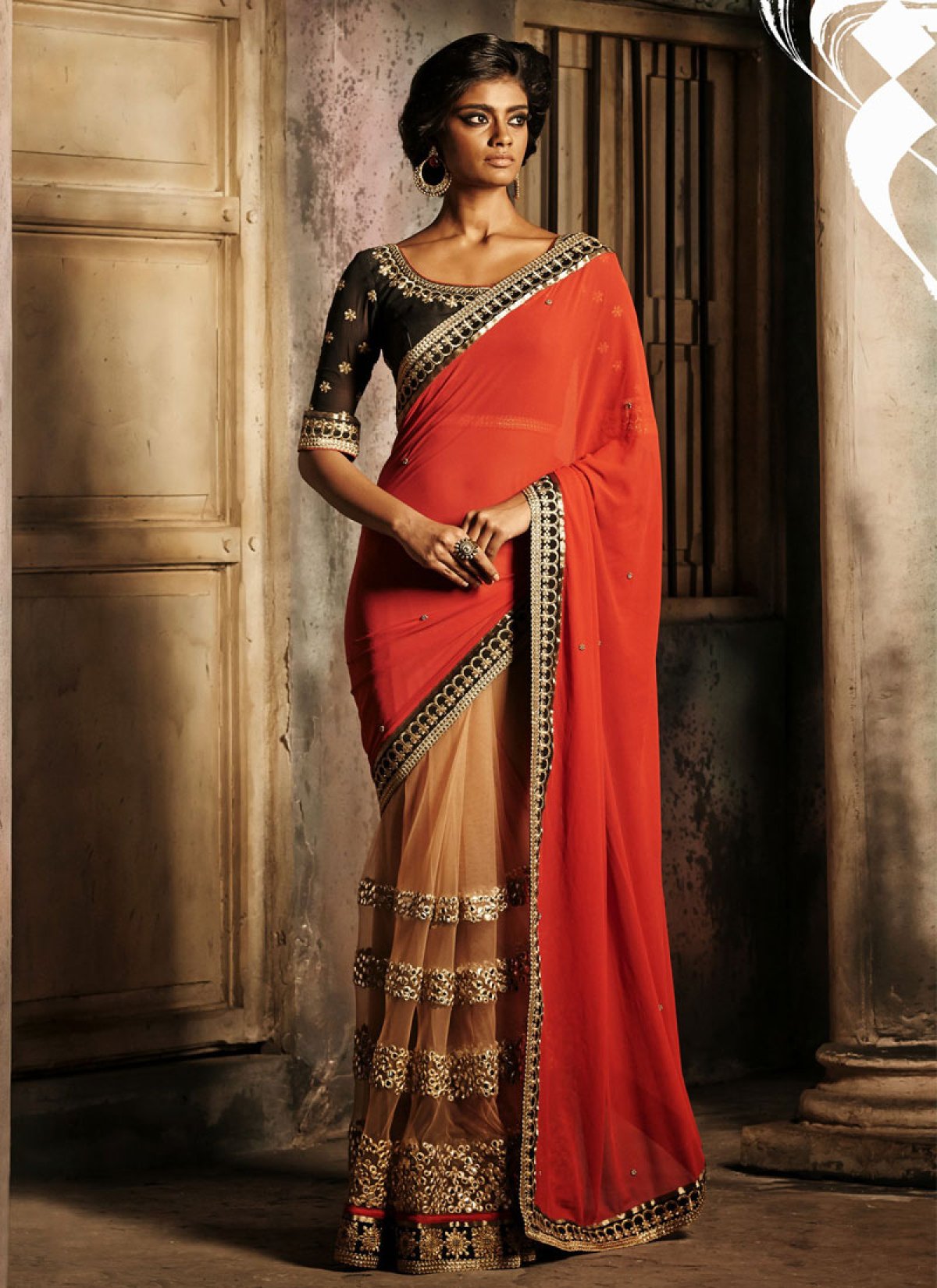 Fine Net And Georgette Half N Half Party Wear Saree