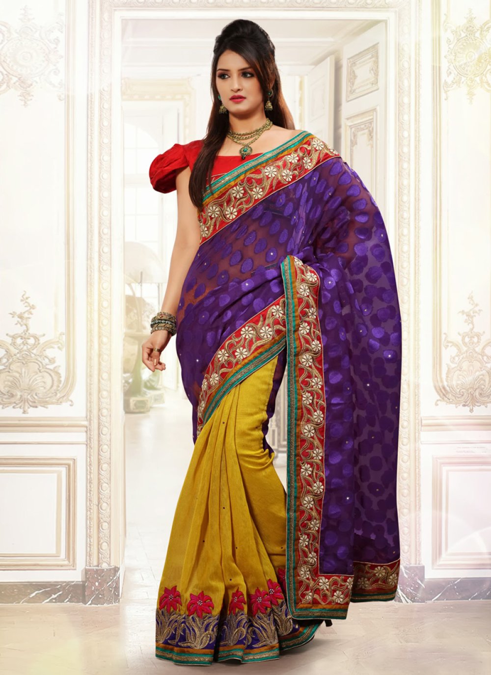 Buy Unnati Silks Yellow & Purple Plain Chanderi Sico Saree with Unstitched  Blouse online