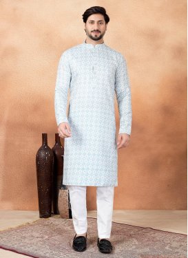 Firozi and Off White Art Silk Kurta Pajama with Digital Print Work for Ceremonial
