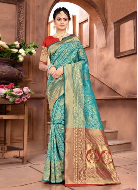 Firozi and Red Art Silk Designer Contemporary Saree
