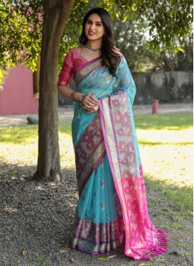Firozi and Rose Pink Woven Work Traditional Designer Saree