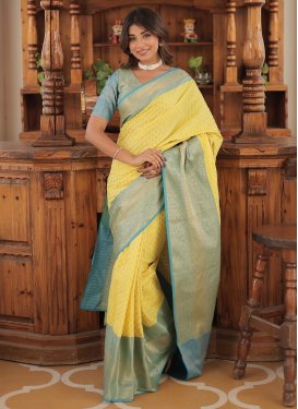 Firozi and Yellow Trendy Classic Saree For Ceremonial