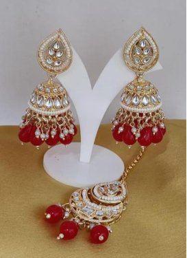 Flamboyant Alloy Gold Rodium Polish Red and White Beads Work Earrings Set