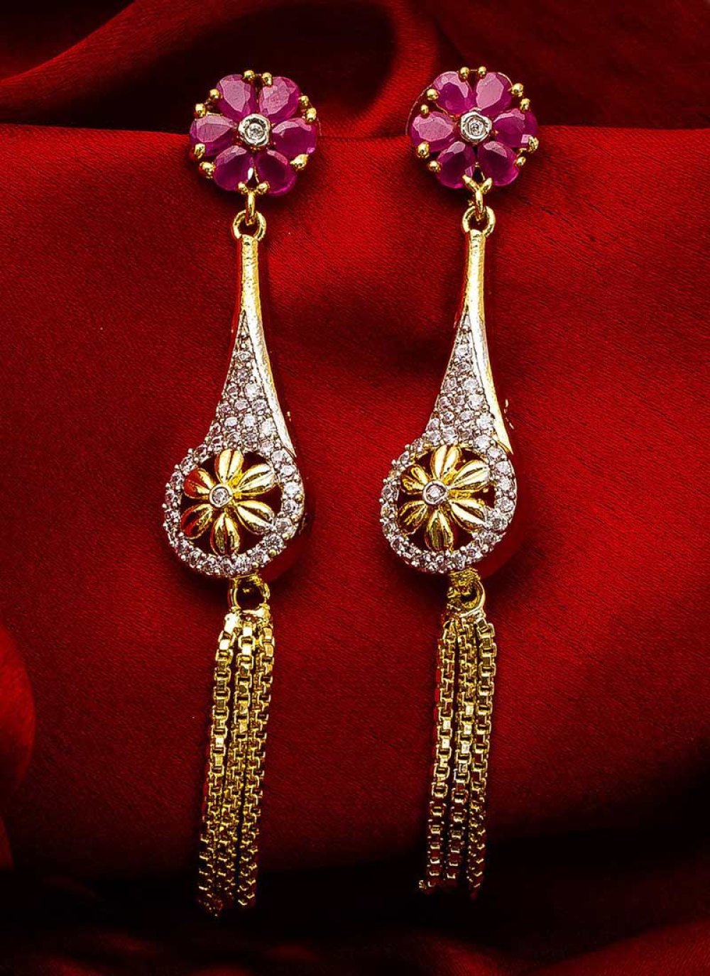 Flamboyant Alloy Gold Rodium Polish Stone Work Fuchsia and Gold Earrings