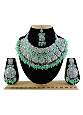 Flamboyant Alloy Silver Rodium Polish Beads Work Sea Green and White Necklace Set