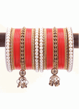 Flamboyant Beads Work Gold and Red Alloy Bangles