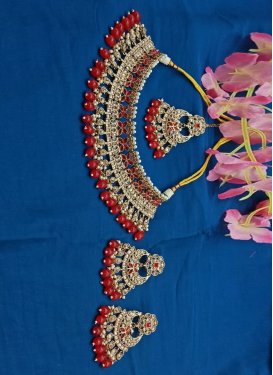 Flamboyant Beads Work Red and White Gold Rodium Polish Necklace Set