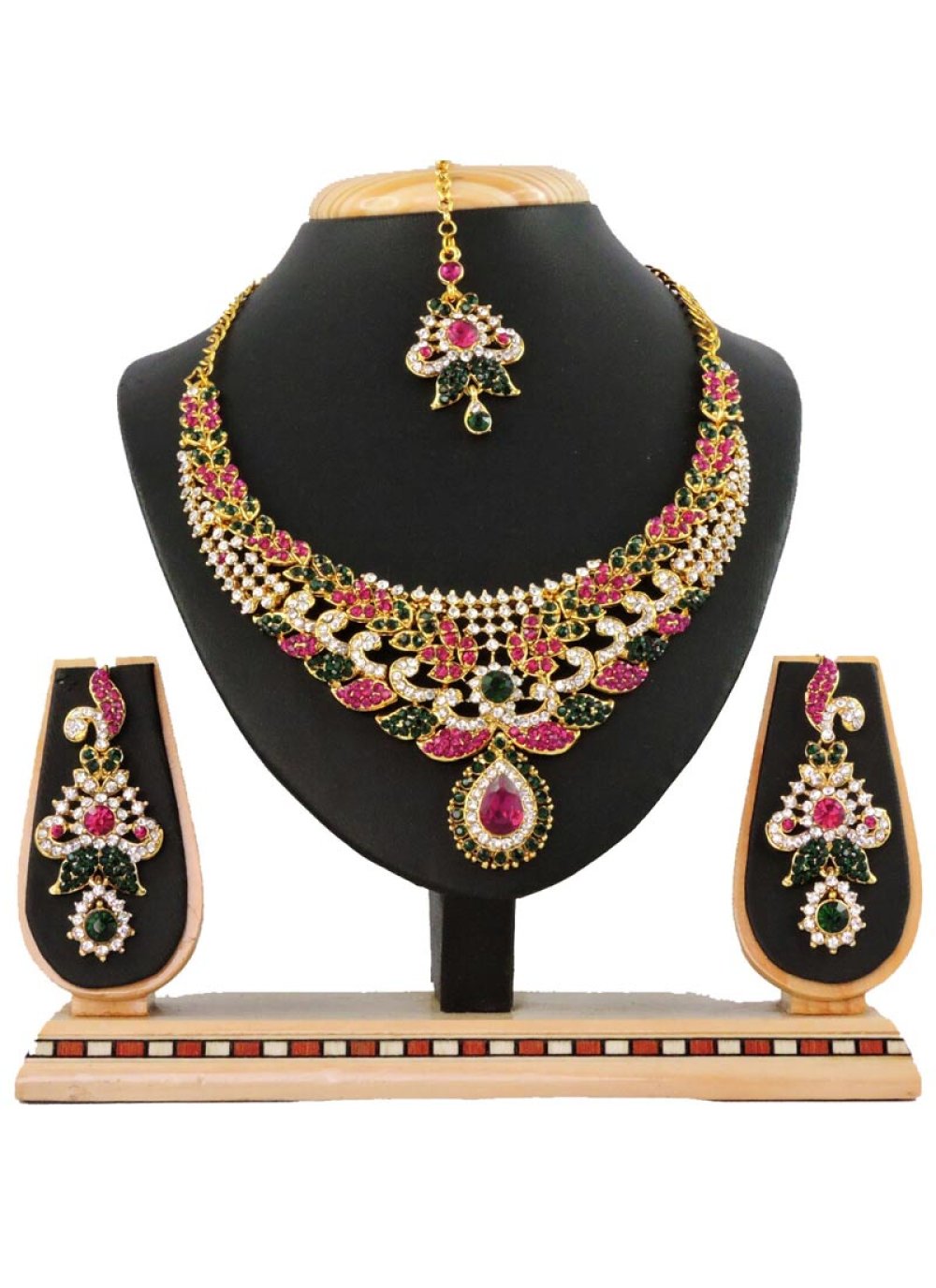 Flamboyant Bottle Green and Rose Pink Alloy Necklace Set For Bridal