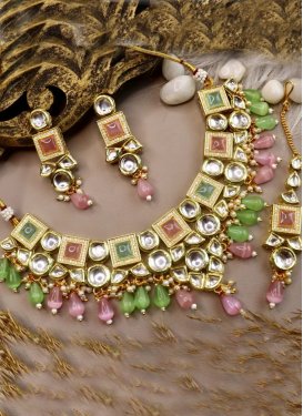 Flamboyant Brass Pink and Sea Green Kundan Work Bridal Jewelry