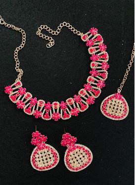 Flamboyant Gold Rodium Polish Stone Work Alloy Rose Pink and White Necklace Set For Festival