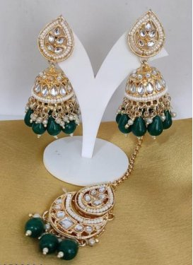 Flamboyant Green and White Beads Work Gold Rodium Polish Earrings Set
