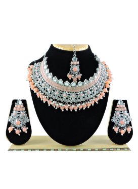 Flamboyant Peach and Silver Color Beads Work Necklace Set For Festival