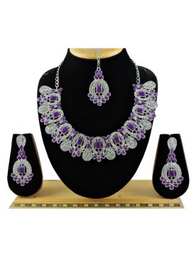 Flamboyant Purple and White Silver Rodium Polish Stone Work Necklace Set