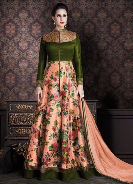 Flawless Olive And Peach Color Floor Length Anarkali Suit