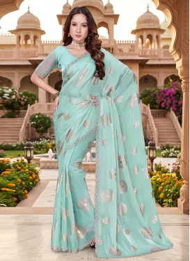 Foil Print Work Fendi Silk Classic Saree in Turquoise for Festival