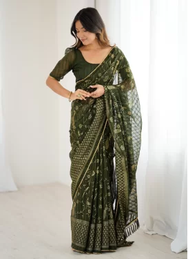 Foil Print Work Georgette Classic Saree in Olive for Women