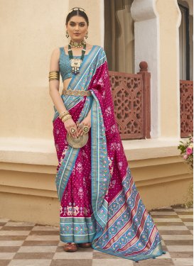 Fuchsia and Light Blue Patola Silk Traditional Designer Saree For Ceremonial