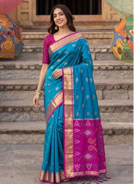 Fuchsia and Light Blue Silk Blend Trendy Saree with Woven Work for Ceremonial