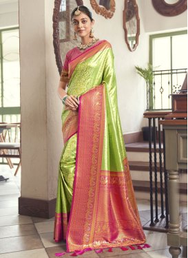 Fuchsia and Mint Green Woven Work Designer Contemporary Style Saree
