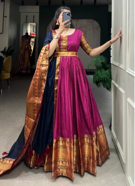 Fuchsia and Navy Blue Cotton Blend Readymade Trendy Gown